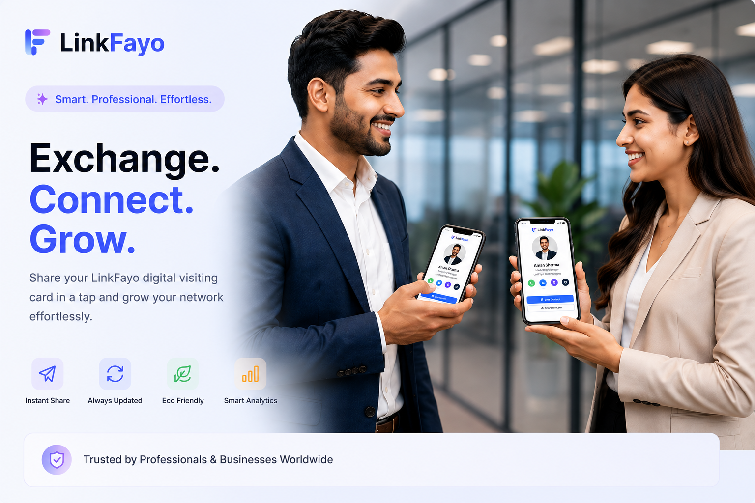 Scan to Connect — Instant QR sharing at professional events.